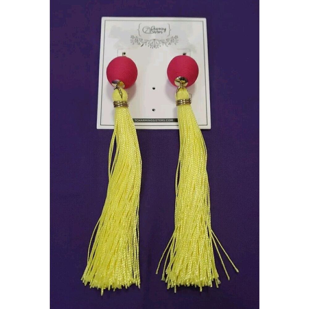 BOHO Long Dangle Tassel Statement Earrings Neon Yellow Dark Pink Pierced New